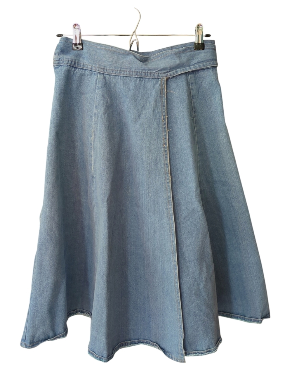 Vintage 70s Denim Wraparound Embroidered Jean Skirt, Tie Waist Midi A-line